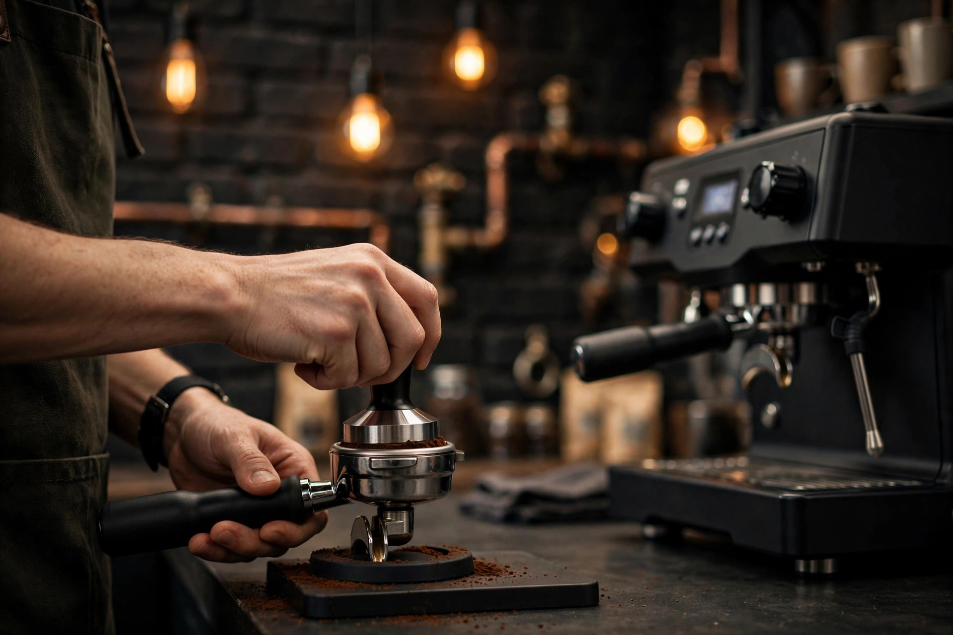 Barista tamping espresso at the Laneway brew bar